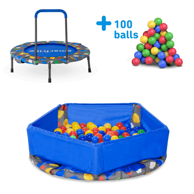 Image of smarTrike Indoor Toddler Trampoline with Handle - Ball Pit with 100 Balls Included - Foldable Kids Trampoline