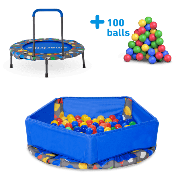 Image of smarTrike Indoor Toddler Trampoline with Handle - Ball Pit with 100 Balls Included - Foldable Kids Trampoline